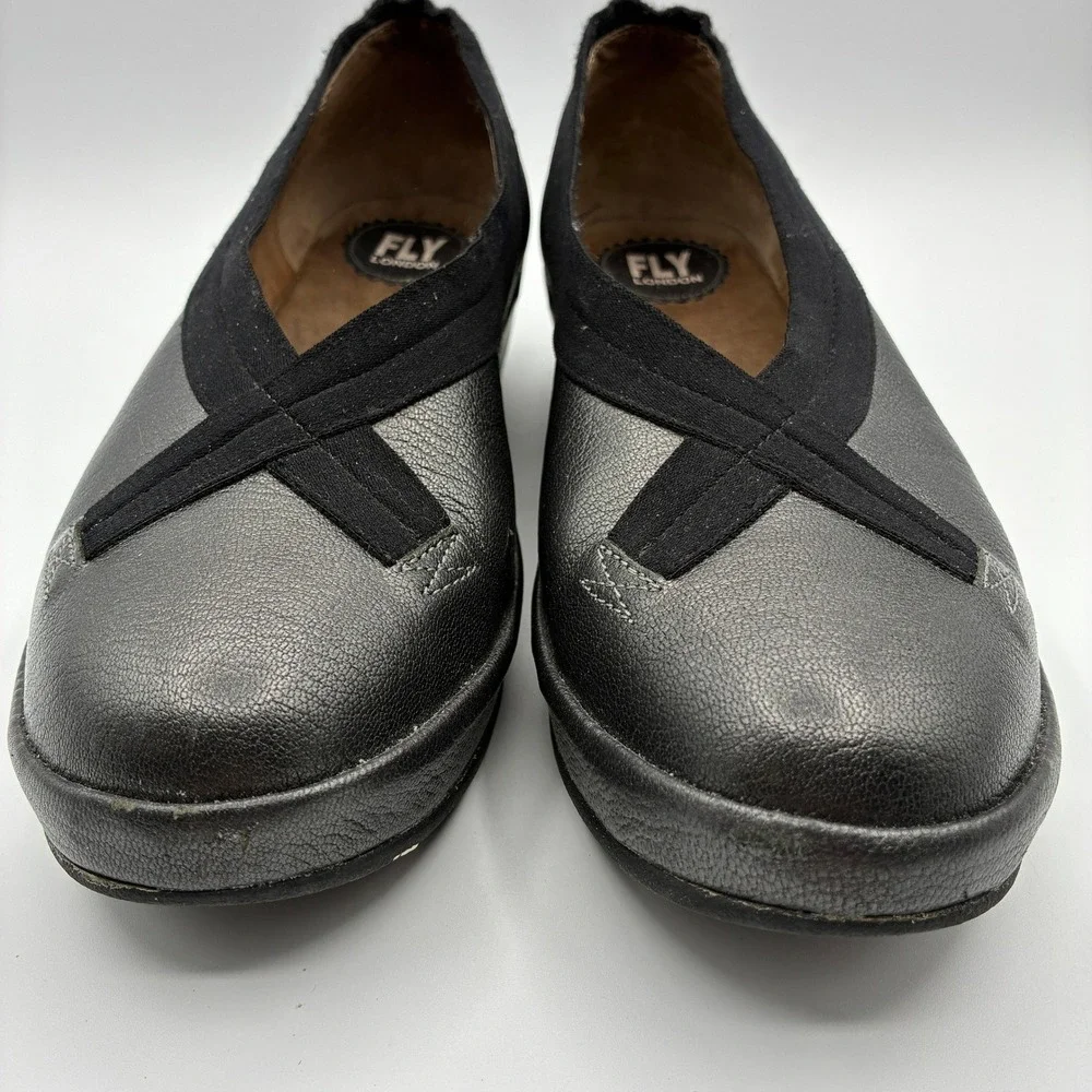 Fly London Bobi Wedge Loafers Womens 41 10 Black Metallic Leather Slip On Shoes